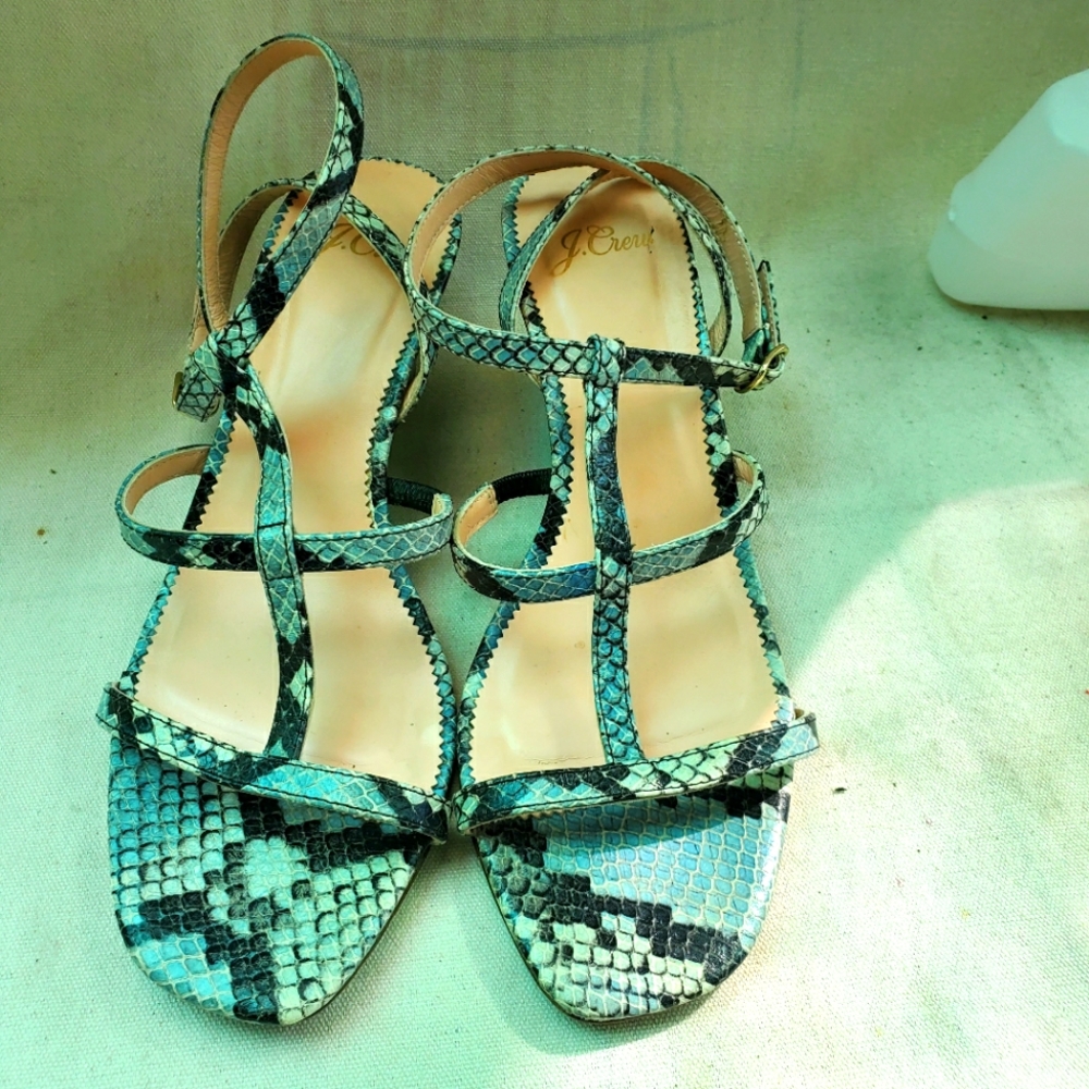J Crew Blue Snake Skin Leather Strappy Wedge like new